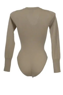Beige merino wool plunge neck bodysuit