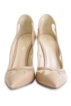 Beige mesh-paneled laser-cut leather pointed toe pumps