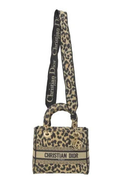 Beige Mizza embroidery leopard jacquard canvas Lady D-Lite bag with detachable shoulder strap