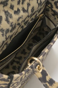 Beige Mizza embroidery leopard jacquard canvas Lady D-Lite bag with detachable shoulder strap