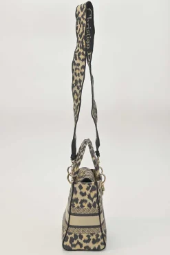 Beige Mizza embroidery leopard jacquard canvas Lady D-Lite bag with detachable shoulder strap
