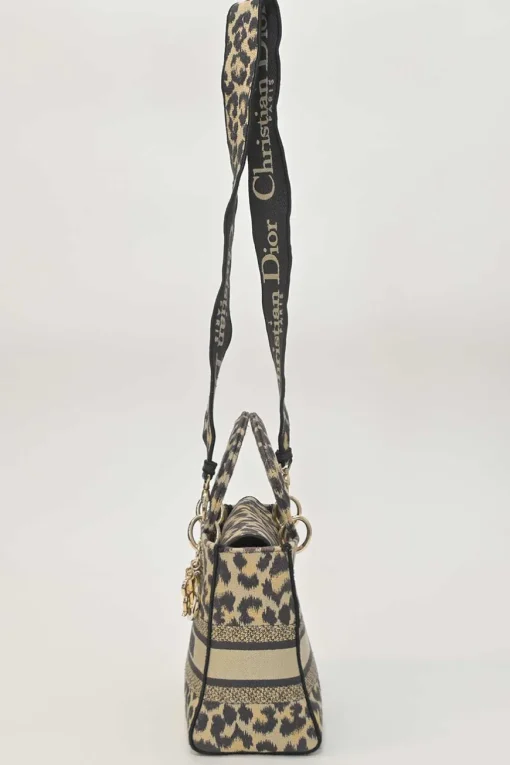 Beige Mizza embroidery leopard jacquard canvas Lady D-Lite bag with detachable shoulder strap