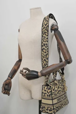 Beige Mizza embroidery leopard jacquard canvas Lady D-Lite bag with detachable shoulder strap