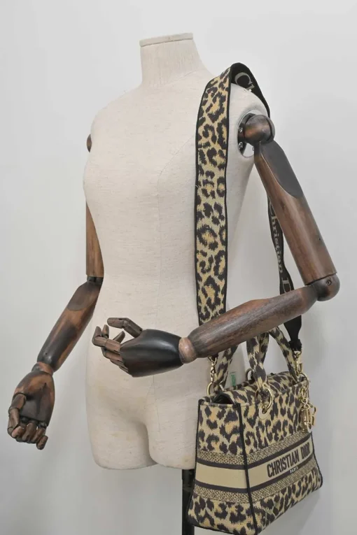 Beige Mizza embroidery leopard jacquard canvas Lady D-Lite bag with detachable shoulder strap