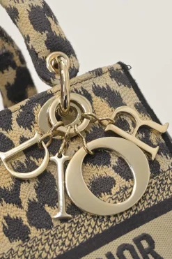 Beige Mizza embroidery leopard jacquard canvas Lady D-Lite bag with detachable shoulder strap