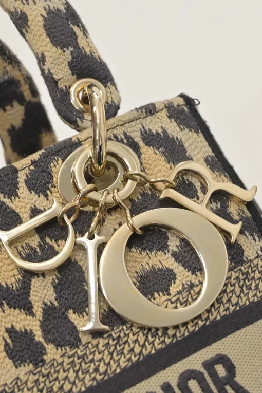 Beige Mizza embroidery leopard jacquard canvas Lady D-Lite bag with detachable shoulder strap