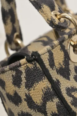 Beige Mizza embroidery leopard jacquard canvas Lady D-Lite bag with detachable shoulder strap