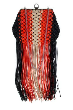 Beige, orange and black 'Macrame Frame' clutch with shoulder strap