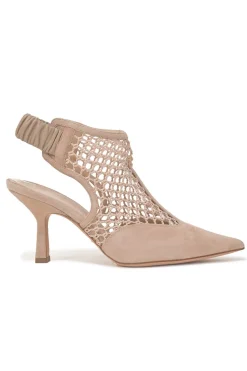 Beige paneled suede and fishnet Naughtily-D pointed-toe slingback booties