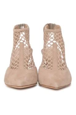 Beige paneled suede and fishnet Naughtily-D pointed-toe slingback booties