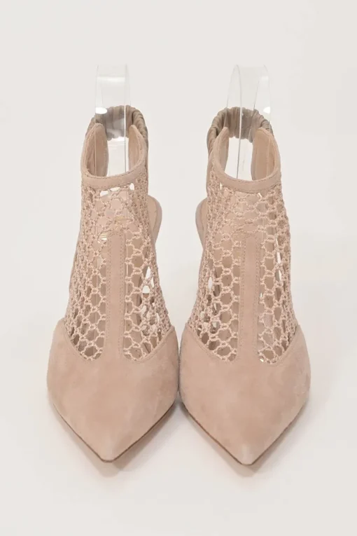 Beige paneled suede and fishnet Naughtily-D pointed-toe slingback booties
