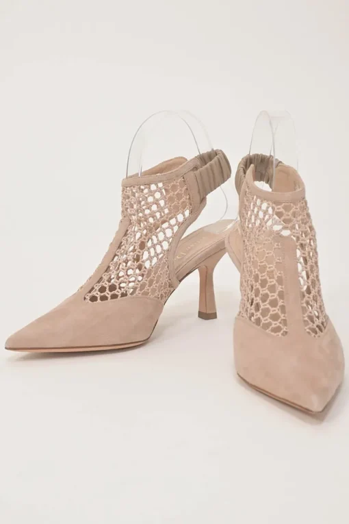 Beige paneled suede and fishnet Naughtily-D pointed-toe slingback booties