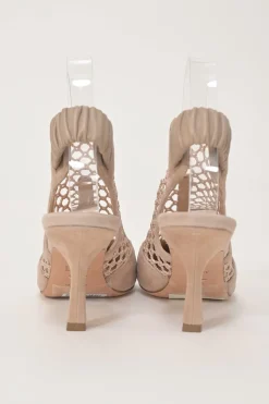 Beige paneled suede and fishnet Naughtily-D pointed-toe slingback booties