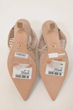 Beige paneled suede and fishnet Naughtily-D pointed-toe slingback booties