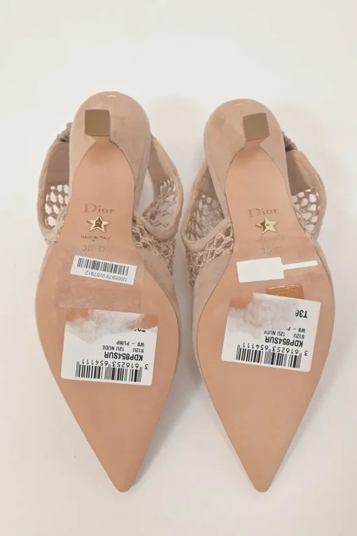 Beige paneled suede and fishnet Naughtily-D pointed-toe slingback booties