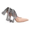 Beige patent leather 4" heels with contrast ankle ribbon