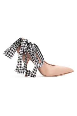 Beige patent leather 4" heels with contrast ankle ribbon