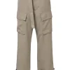 Beige polyester-blend tailored cargo pants featuring pull-tab waist belt and button-tab cuffs