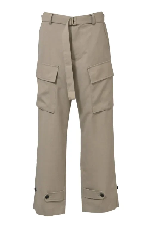 Beige polyester-blend tailored cargo pants featuring pull-tab waist belt and button-tab cuffs
