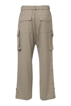 Beige polyester-blend tailored cargo pants featuring pull-tab waist belt and button-tab cuffs