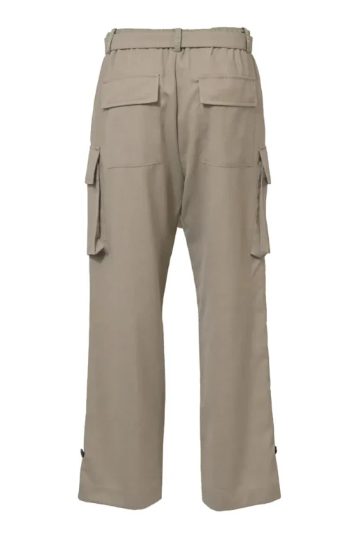 Beige polyester-blend tailored cargo pants featuring pull-tab waist belt and button-tab cuffs