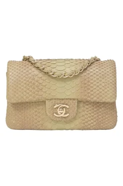 Beige python skin Timeless Mini Rectangular double flap bag with gold-finish metal hardware