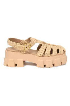 Beige raffia and rubber Monolith crochet flatform cage sandals with buckle strap fastening