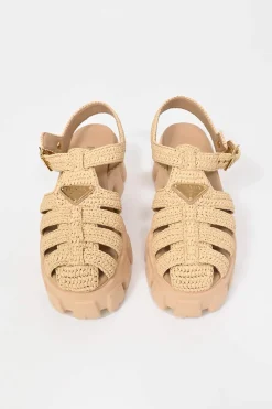 Beige raffia and rubber Monolith crochet flatform cage sandals with buckle strap fastening