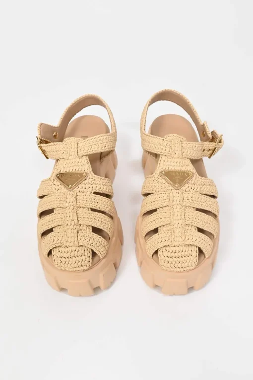 Beige raffia and rubber Monolith crochet flatform cage sandals with buckle strap fastening