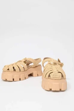 Beige raffia and rubber Monolith crochet flatform cage sandals with buckle strap fastening