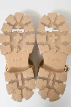 Beige raffia and rubber Monolith crochet flatform cage sandals with buckle strap fastening
