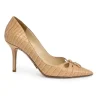 Beige reptile-embossed bow-embellished pointed-toe tassel pumps