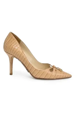 Beige reptile-embossed bow-embellished pointed-toe tassel pumps