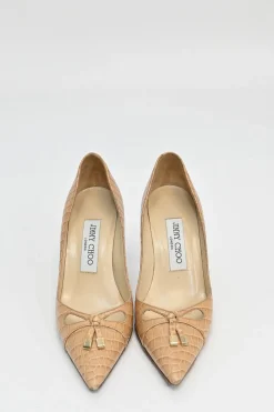 Beige reptile-embossed bow-embellished pointed-toe tassel pumps