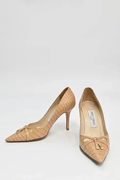Beige reptile-embossed bow-embellished pointed-toe tassel pumps