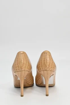 Beige reptile-embossed bow-embellished pointed-toe tassel pumps