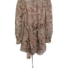 Beige silk floral print high collar pintuck self-tie romper with floral lace inserts