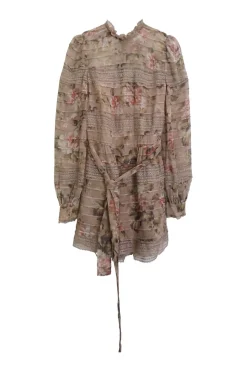 Beige silk floral print high collar pintuck self-tie romper with floral lace inserts