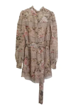 Beige silk floral print high collar pintuck self-tie romper with floral lace inserts