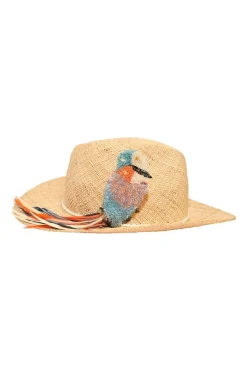 Beige straw stetson hat with multi-coloured bead broderie appliqué