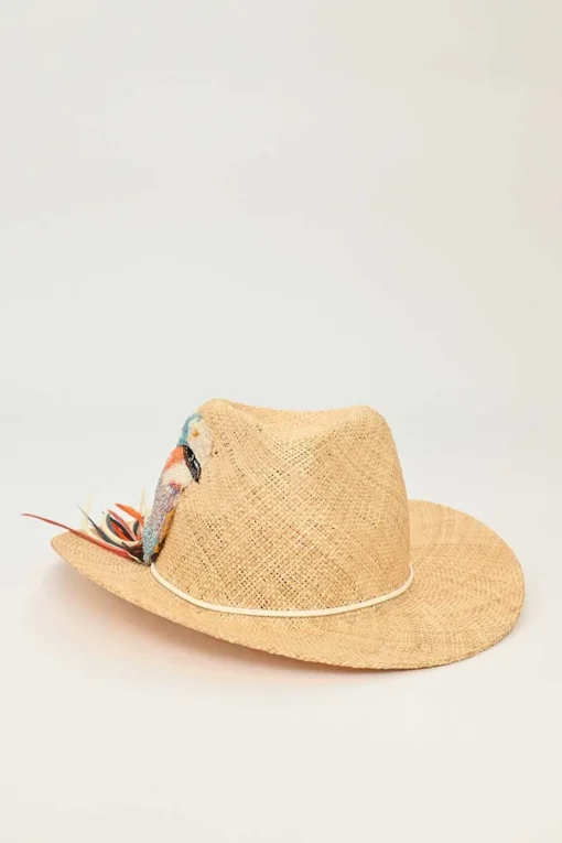 Beige straw stetson hat with multi-coloured bead broderie appliqué