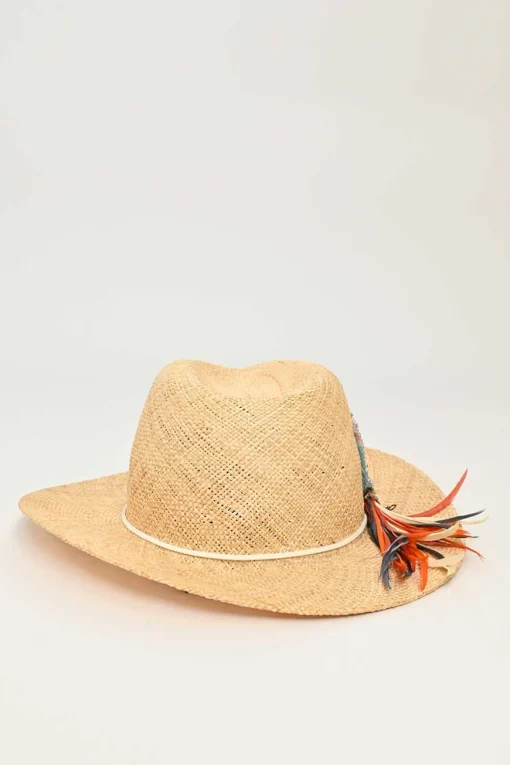 Beige straw stetson hat with multi-coloured bead broderie appliqué
