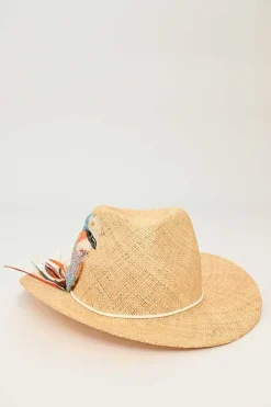 Beige straw stetson hat with multi-coloured bead broderie appliqué