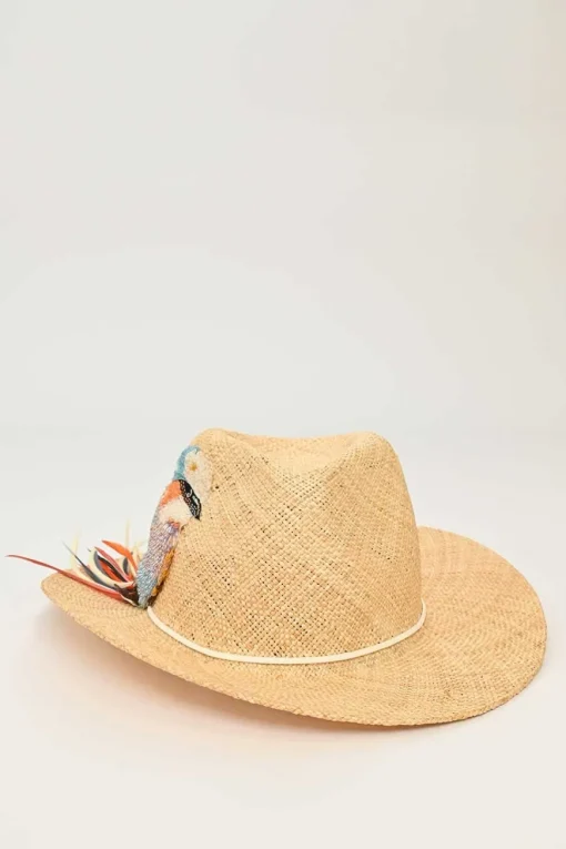Beige straw stetson hat with multi-coloured bead broderie appliqué