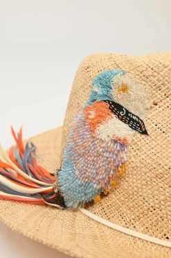 Beige straw stetson hat with multi-coloured bead broderie appliqué