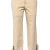 Beige stretch-cotton mid-rise slim-leg cropped pants with faux-pearl GG buttons and lace-trimmed cuffs