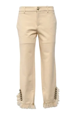 Beige stretch-cotton mid-rise slim-leg cropped pants with faux-pearl GG buttons and lace-trimmed cuffs
