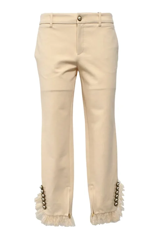 Beige stretch-cotton mid-rise slim-leg cropped pants with faux-pearl GG buttons and lace-trimmed cuffs