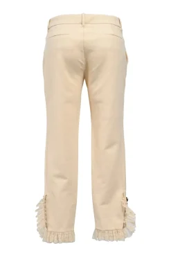 Beige stretch-cotton mid-rise slim-leg cropped pants with faux-pearl GG buttons and lace-trimmed cuffs