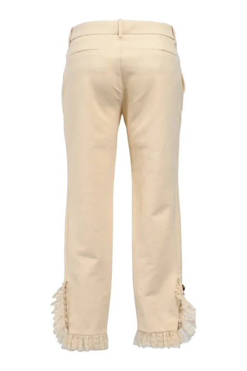 Beige stretch-cotton mid-rise slim-leg cropped pants with faux-pearl GG buttons and lace-trimmed cuffs